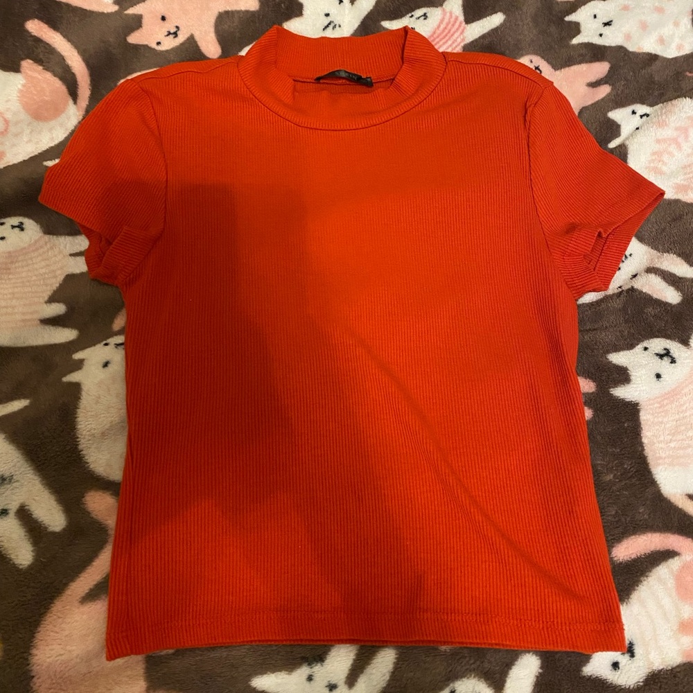 Mock-Neck Rib-Knit Form Fitted Tee